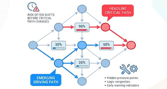A network diagram with the critical path highlighted and near-critical paths in amber