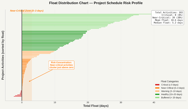 A float-distribution chart showing the cluster of near-critical activities just above zero